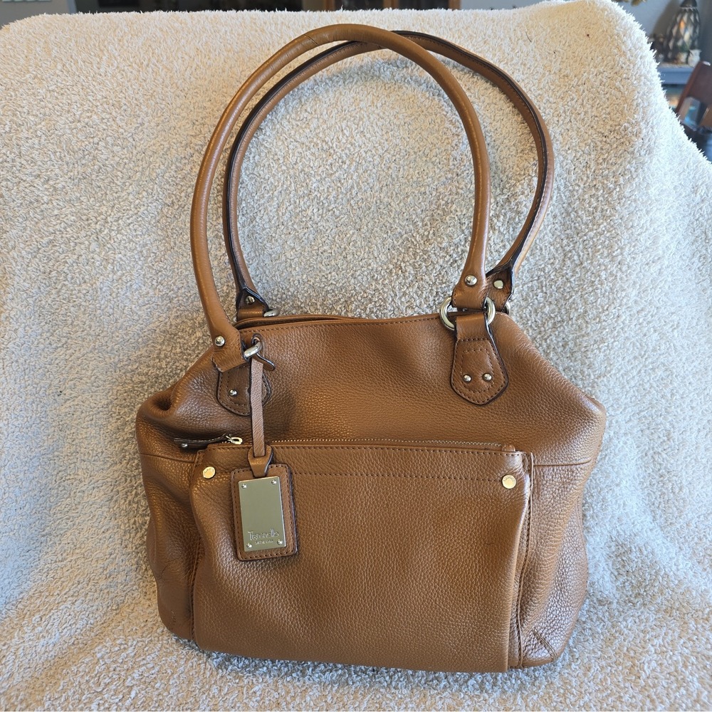 Tignanello 100% Genuine Leather Camel Brown Pebbled Sachel Shoulder Bag Purse